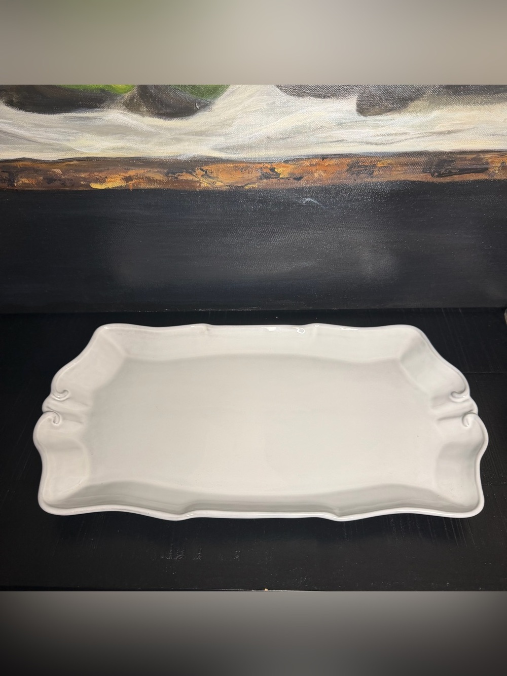 Mikasa White Ceramic Rectangular Serving Platter with Scalloped Edge
